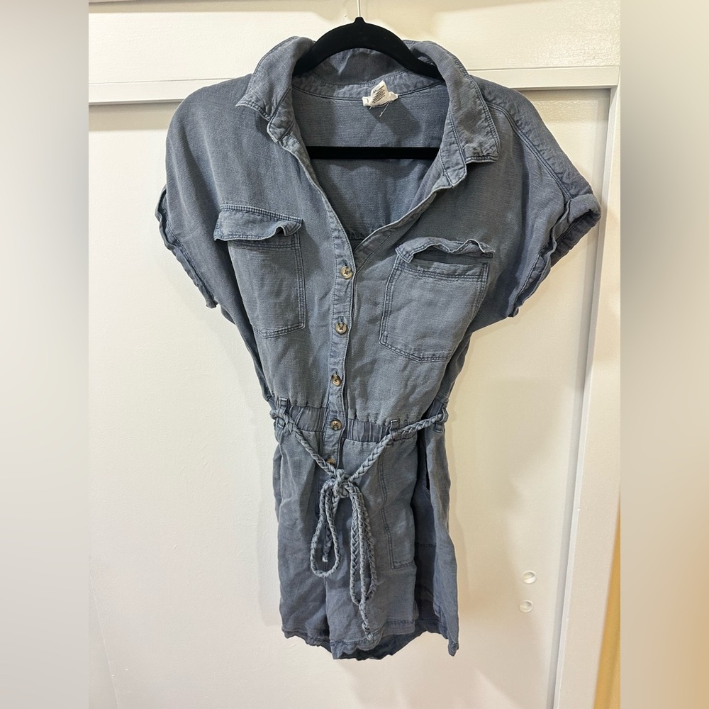 Blue Linen Blend Short Sleeved Romper